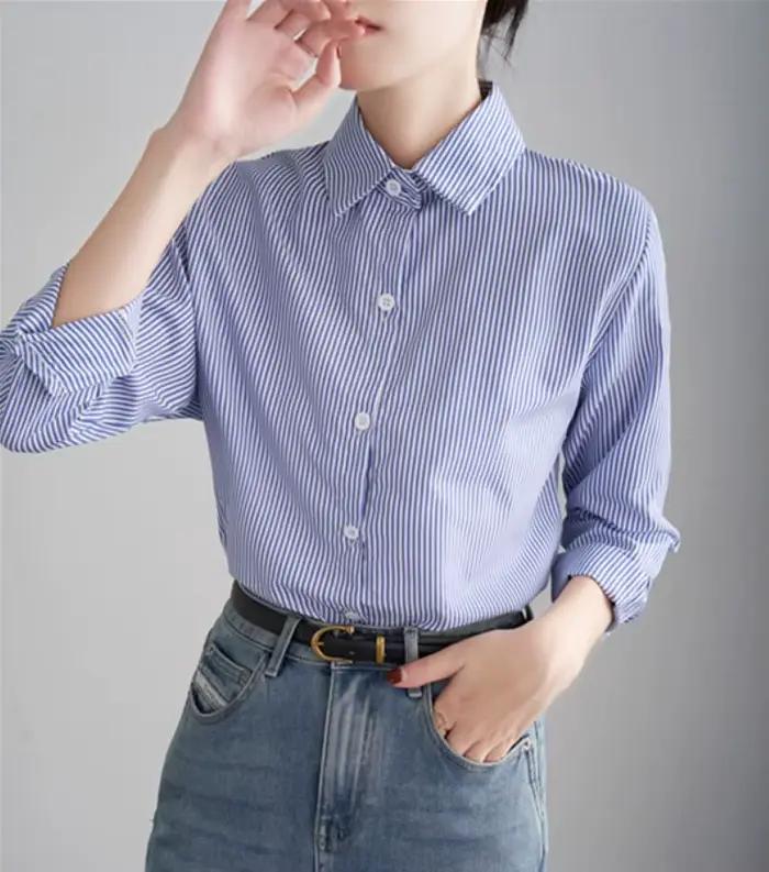 Chemise ample à rayures bleues pour femmes, décontractée, col polo, polyester, pour bureau et tenues casual, toutes saisons