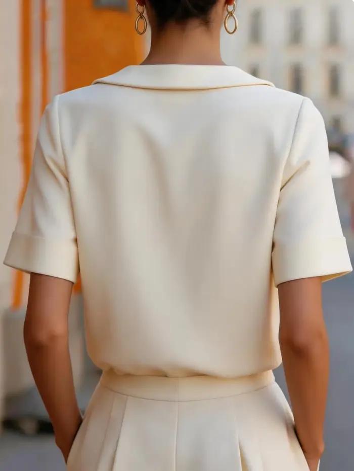 Chemise élégante à manches courtes avec col arrondi et coupe structurée pour femmes