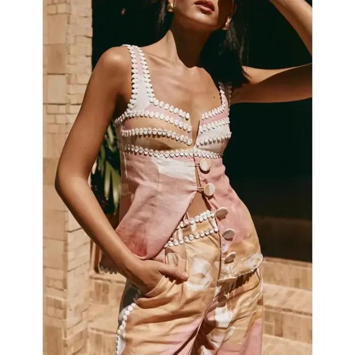 Femmes haut sans manches deux pièces ensembles assortis 2025 été imprimé Patchwork Chic tenue col en V mode Simple dame costume vêtements