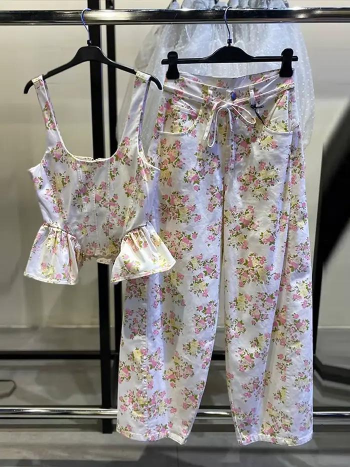 Ensemble de pantalon pour femmes imprimé floral décontracté printemps été occassions spéciales