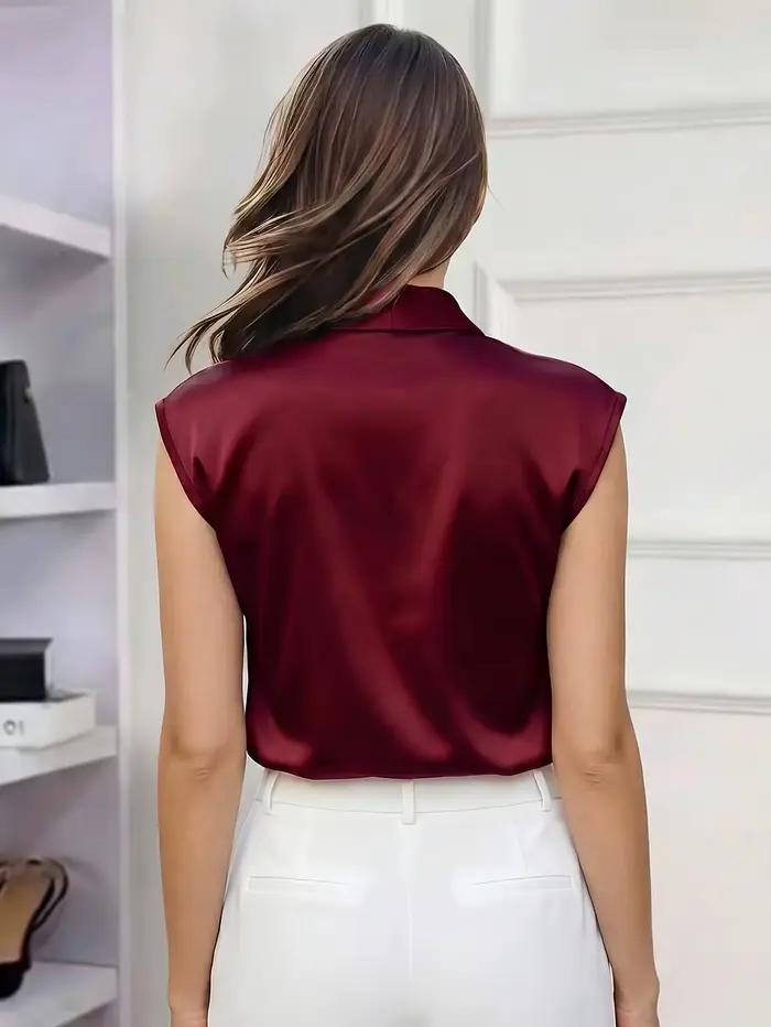 Chemise élégante en satin pour femme – Blouse plissée asymétrique vintage à manches courtes pour le bureau et le quotidien