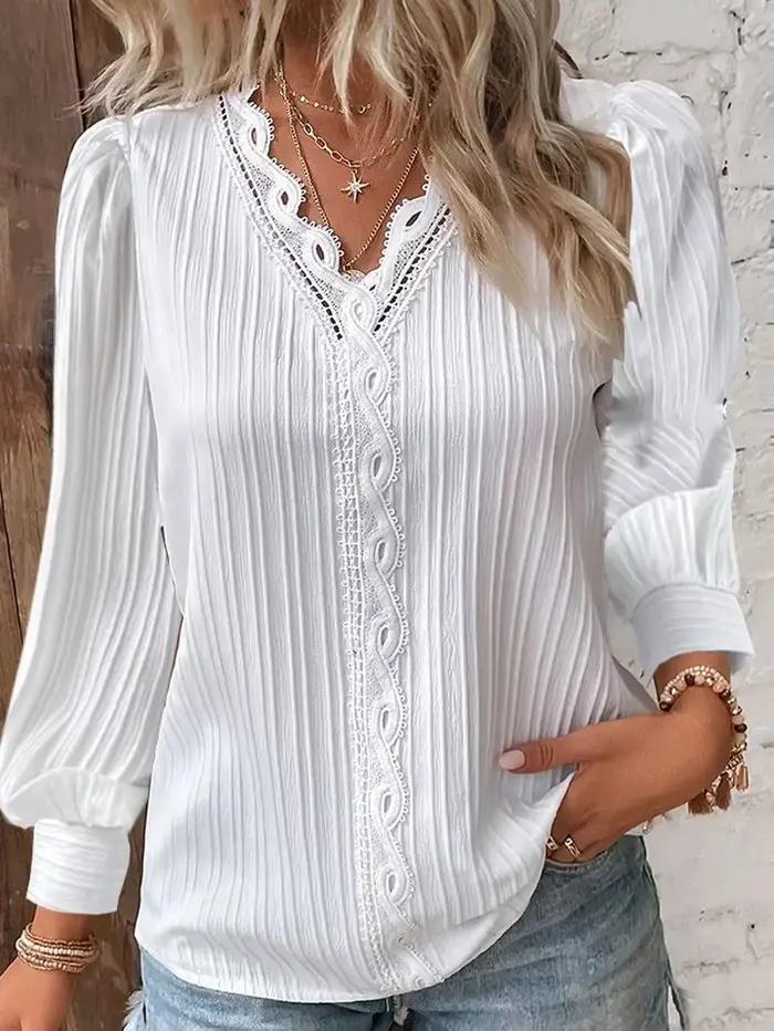 Chemisier Blanc en Mousseline de Soie avec Coutures en Dentelle Col en V pour Femmes Occasions Spéciales Automne Hiver
