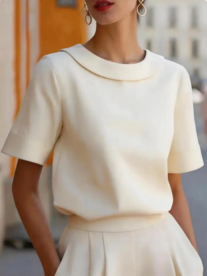 Chemise élégante à manches courtes avec col arrondi et coupe structurée pour femmes