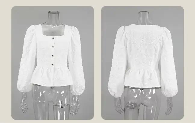 Chemisier Jacquard Haute Couture Français 2026 Nouvelle Collection Col Carré Manches Bulles pour Femme – Vêtement Printanier Féminin
