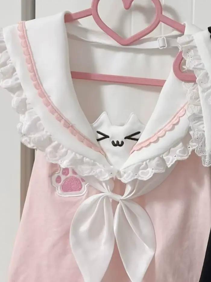 Japonais Kawaii Chat Dessin Animé Mignon Hauts Y2k Esthétique Dentelle Patchwork Mince Récolte T-shirts Grunge