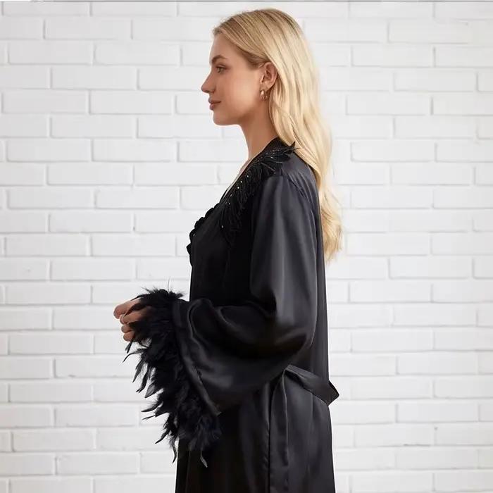 Robe Noire Luxe Avec Col Ailes D'Ange Et Plumes Détachables Pour Femmes Occasions Spéciales Soirées Gala Mariages