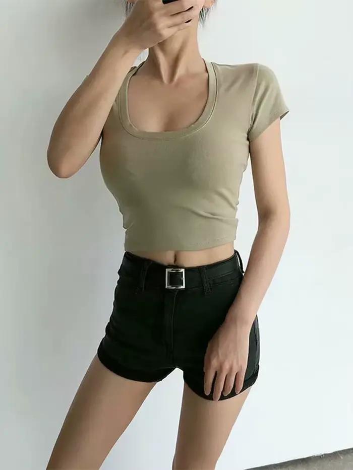 Haut court à col en U pour femmes, couleur unie, décontracté, taille haute, amincissant, polyester et élasthanne, débardeurs, été, streetwear, sexy
