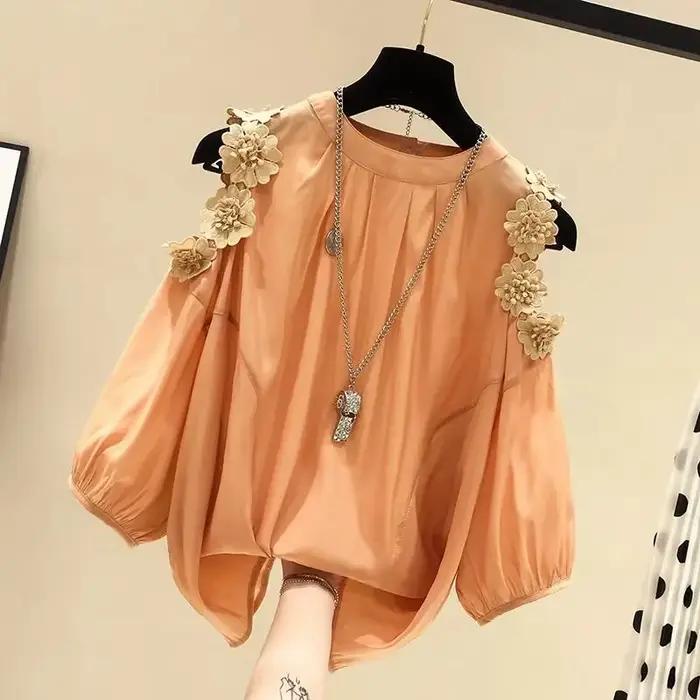 Pull à col rond à manches Leurs lan pour femmes, chemise chemisier, décoration tridimensionnelle, fleur orange, vêtements pour femmes, mode Y, 2024