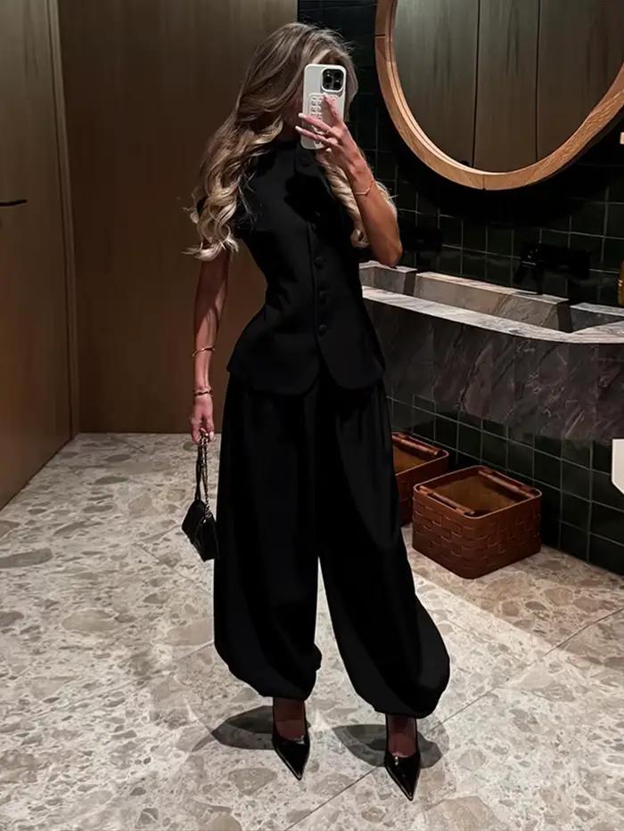 Ensemble pantalon féminin élégant à manches courtes et bouffantes pour femmes, tenue printemps été 2026, occassions spéciales et quotidienne