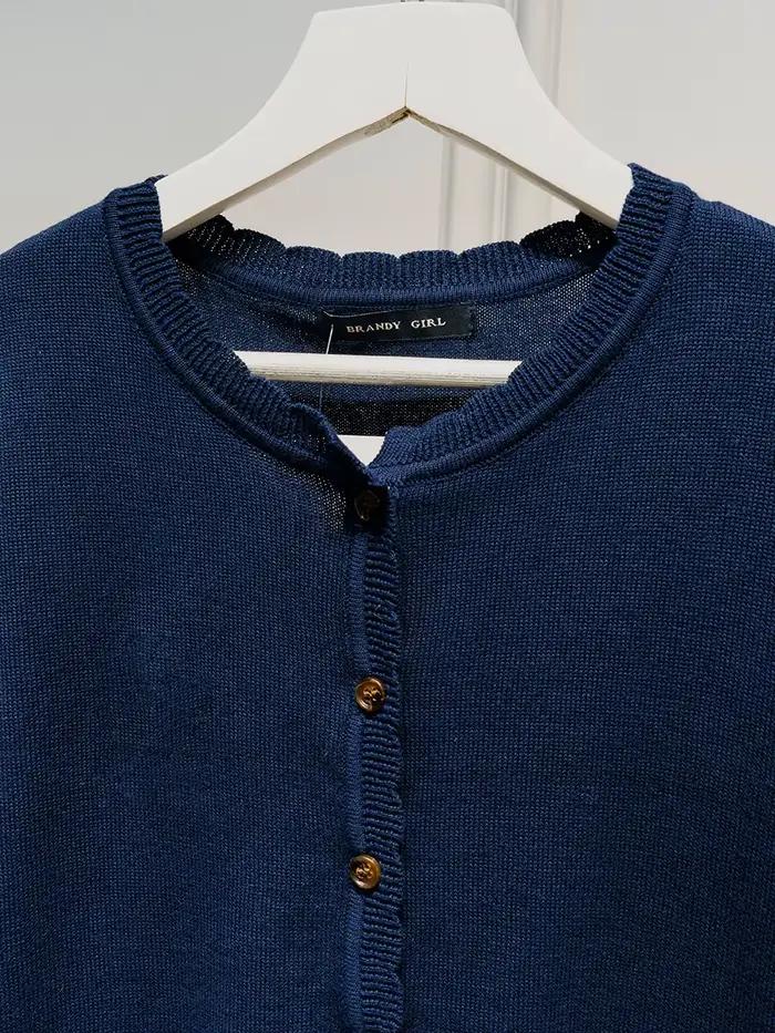 Bleu marine poche tricot pull manteau femmes automne dentelle garniture cou bouton décontracté solide