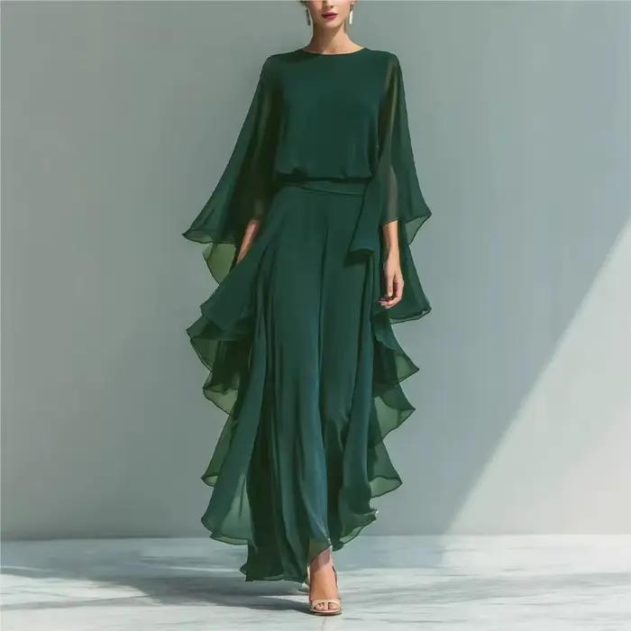 Ensemble deux pièces bohème pour femme : chemise en mousseline bleu marine à manches cloche et pantalon droit à volants – Tenue tendance