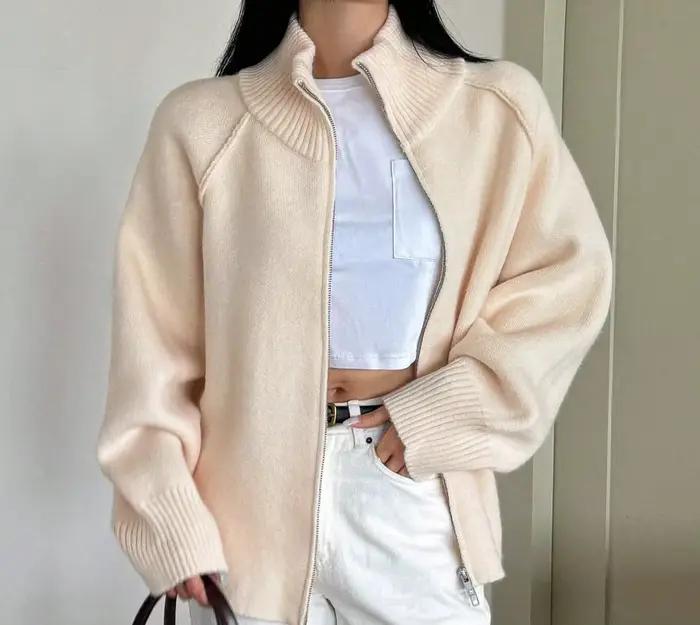 Cardigan en maille polyesters zippé pour femme, col montant, coupe ample, style décontracté, pour automne-hiver occasions spéciales