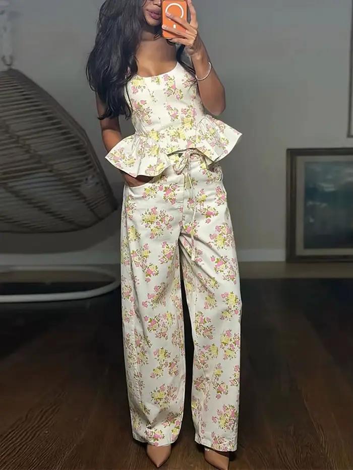 Ensemble de pantalon pour femmes imprimé floral décontracté printemps été occassions spéciales