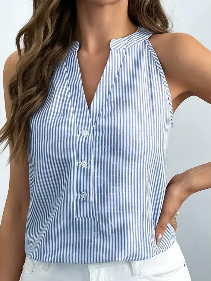 Nouvelle Blouse Sans Manches Col V Rayée Bleue et Blanche 2026 pour Femme – Décontractée