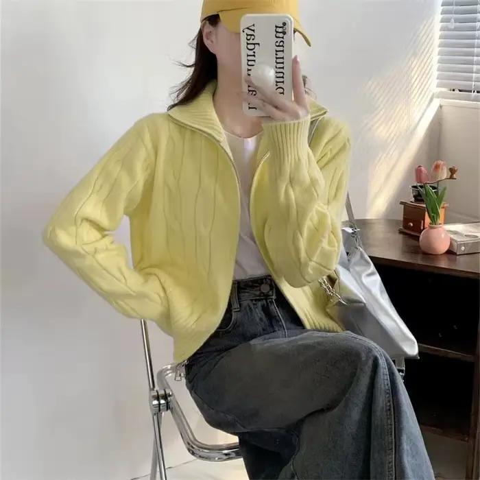 Pull en tricot torsadé à double fermeture éclair et col montant pour femme
