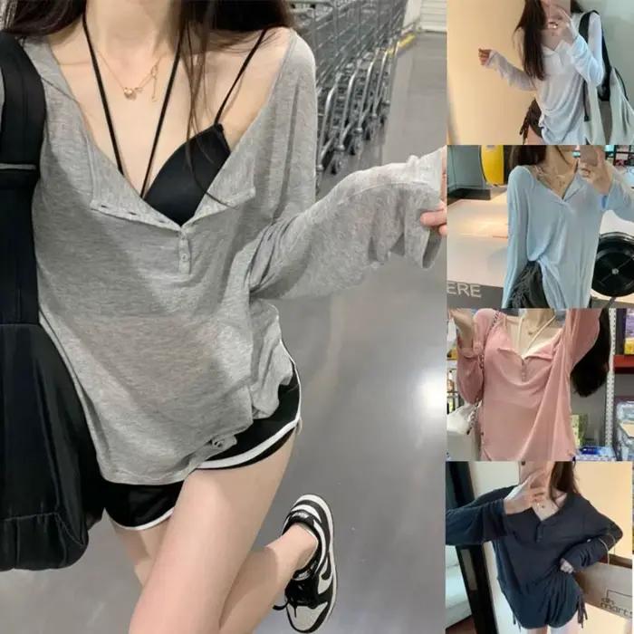 Haut court à manches longues protection solaire col en V polyester pour femme mode coréenne printemps été