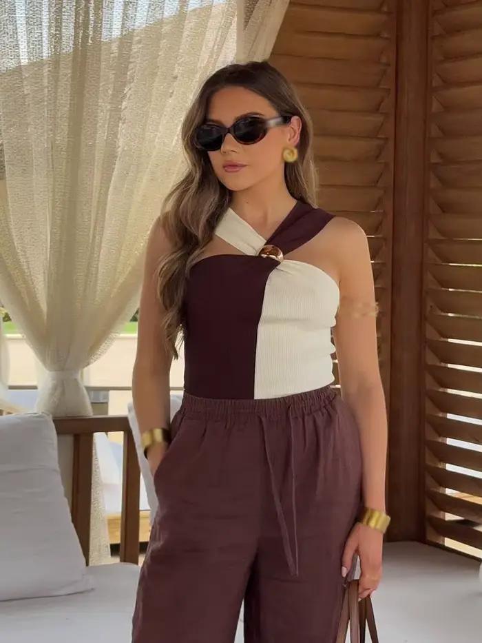 HH femmes été nouvelle mode Chic tricoté hauts col suspendu sans manches dos nu femme Sexy mince
