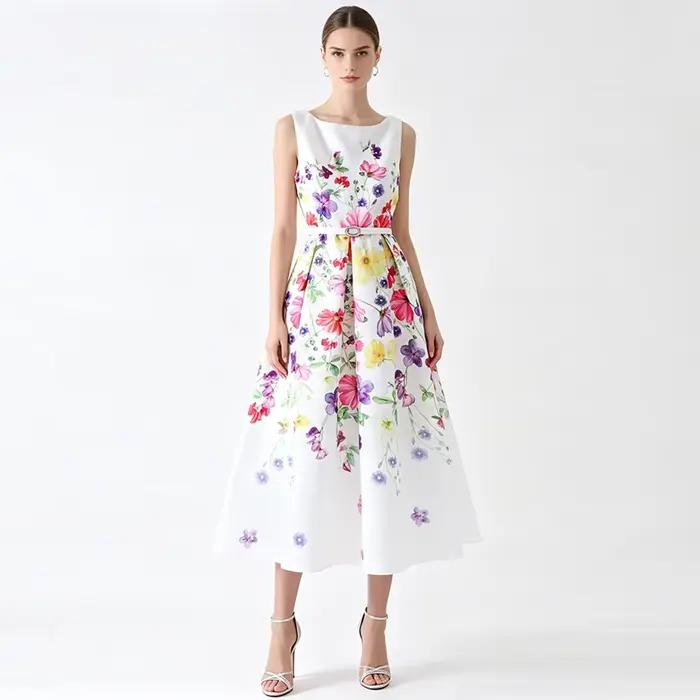 Robe longue sans manches bleu marine à imprimé floral pour femme élégante coupe trapèze avec ceinture pour fêtes et mariages