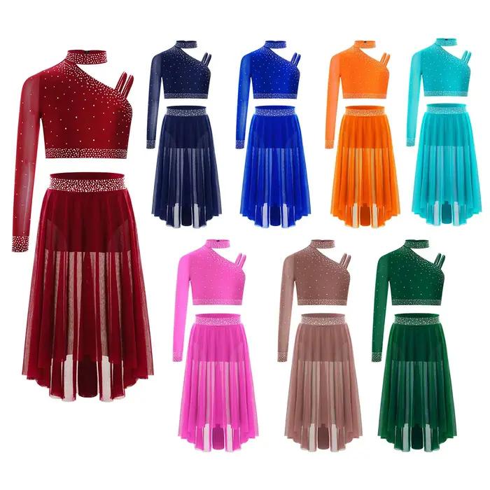 Ensemble de danse lyrique haut court asymétrique épaule dénudée avec fente latérale jupe en maille irrégulière pour filles occasions spéciales performances danse moderne concours