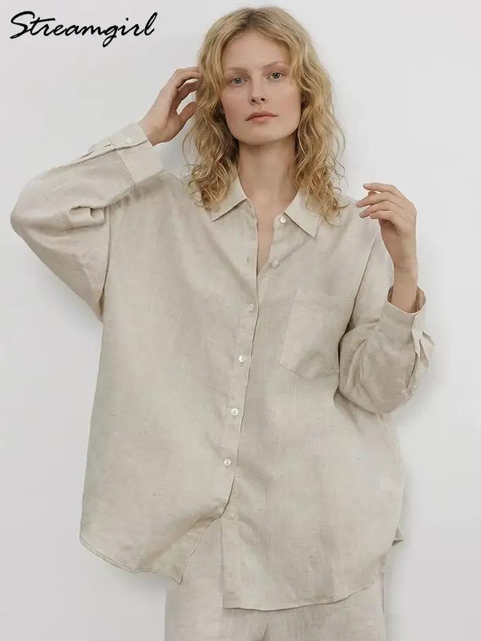 Chemise en lin bleue boutonnée pour femme – Hauts amples de luxe à manches longues pour l'été – Chemises en lin blanc