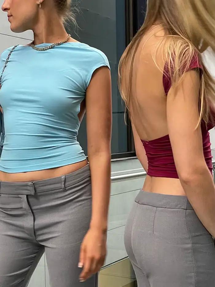 Haut court dos nu pour femmes, polyester élasthanne, streetwear, été, col rond, t-shirt ajusté, confortable et élégant, pour diverses occasions