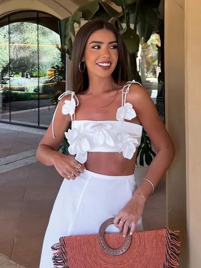 Chic 3d fleur à lacets Spaghetti sangle hauts courts pour les femmes 2024 été dos nu sans manches bustiers mode dame