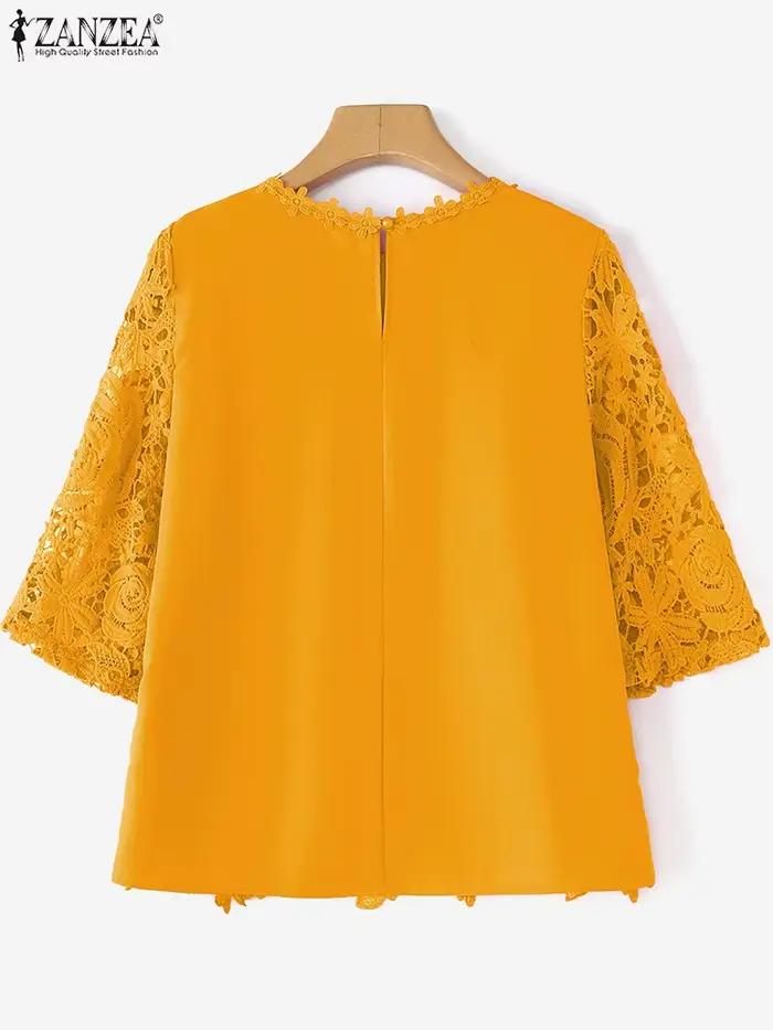 ZANZEA élégant dentelle Patchwork Blouse été hauts 2025 transparent chemises décontractées mode 3/4 manches bureau dame Blusas surdimensionné