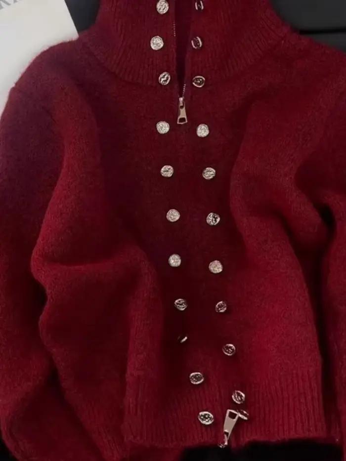 Cardigan tricoté moelleux de luxe pour femme, coupe ample, fermeture éclair totale, automne-hiver, années 2000, style décontracté élégant, pour sorties et événements formels