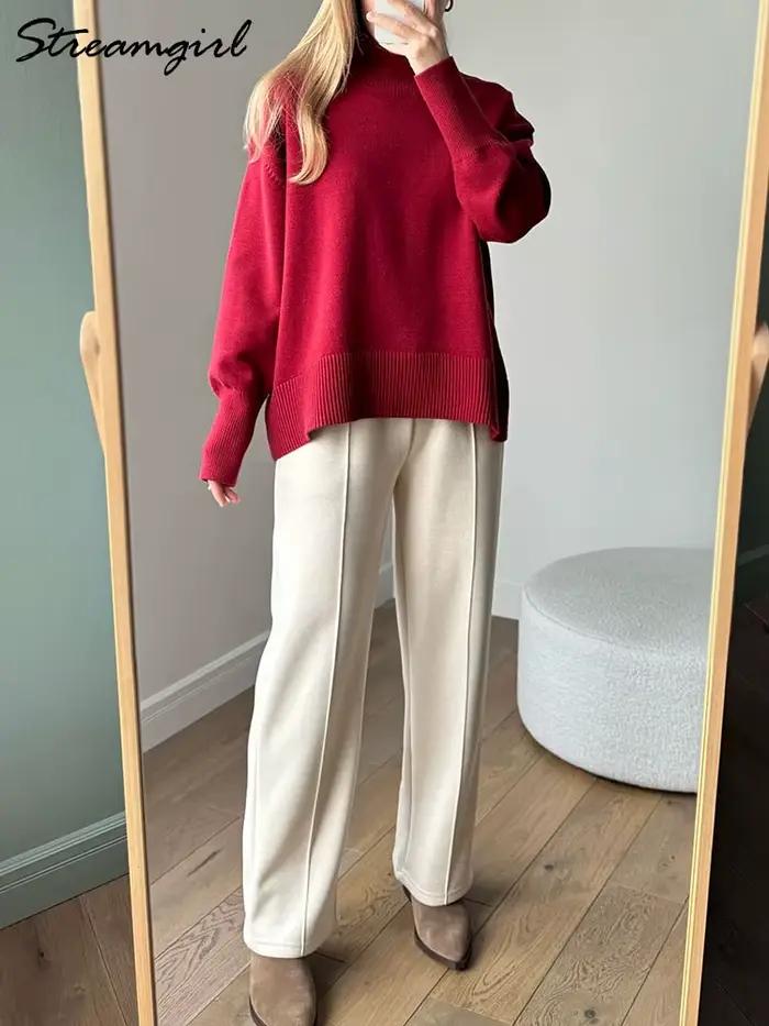 Hiver bordeaux pull femmes col roulé chaud pulls hauts en tricot marron