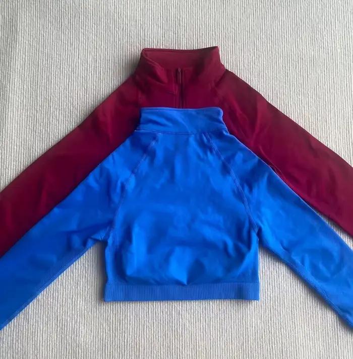 Haut court de sport pour femme, demi-zip, manches Roland, trou pour le pouce, bas côtelé très élastique, pour fitness, yoga et course à pied, argent, blanc, bleu ciel, bleu, bleu marine, bourgogne, brun, champagne, clair, couleur mixte, fuchsia, gris, gris foncé, ivoire, jaune