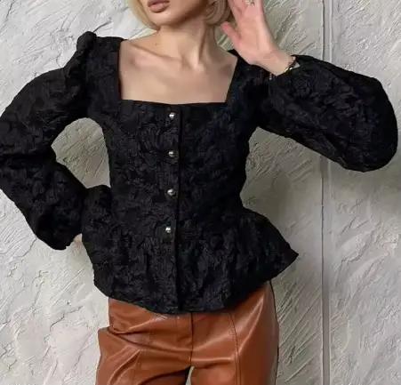 Chemisier Jacquard Haute Couture Français 2026 Nouvelle Collection Col Carré Manches Bulles pour Femme – Vêtement Printanier Féminin