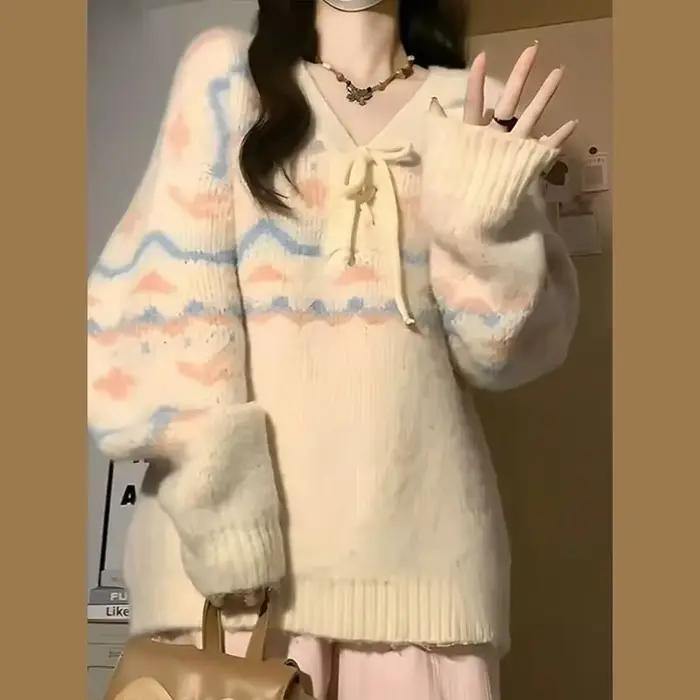 Biyaby-Pull Kawaii à manches longues et col en V pour femme