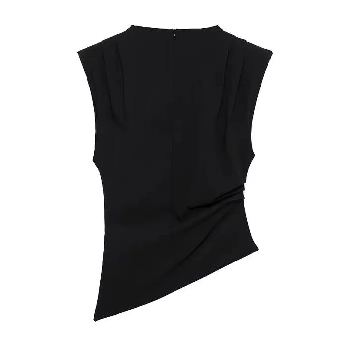 MUJER débardeur asymétrique femme froncé hauts sans manche pour femmes col haut