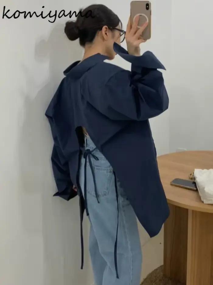 Dos nu à lacets nœud chemises et chemisiers à manches longues Blusas ample décontracté Camisas col rabattu Ropa Mujer printemps été hauts