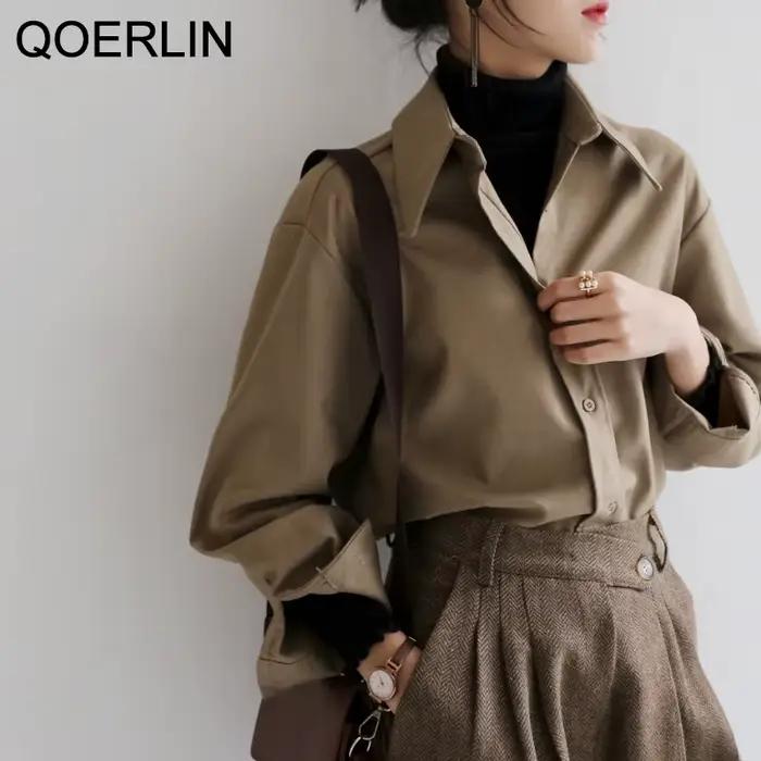 QOERLIN café Blouse femmes printemps automne décontracté couleur unie à manches longues chemise