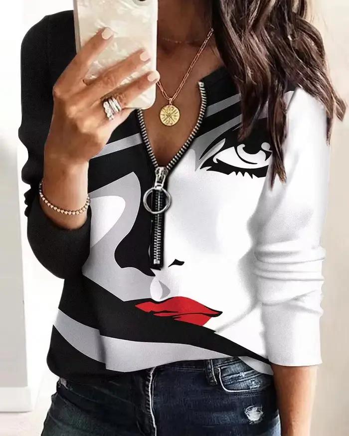 Chemisier femme visage lettre impression fermeture éclair manches longues décontracté Sudaderas Con Capucha Para Mujer Moletons graphique Camisetas hauts