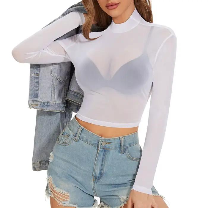 Grande taille S-5XL Sexy femmes T-Shirt voir à travers des hauts en maille transparente à manches longues pure mince