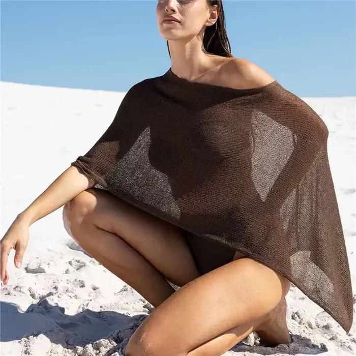 Poncho à épaules dénudées en polyester pour femmes, chemise asymétrique en tricot transparent, vêtement de plage pour vacances d'été