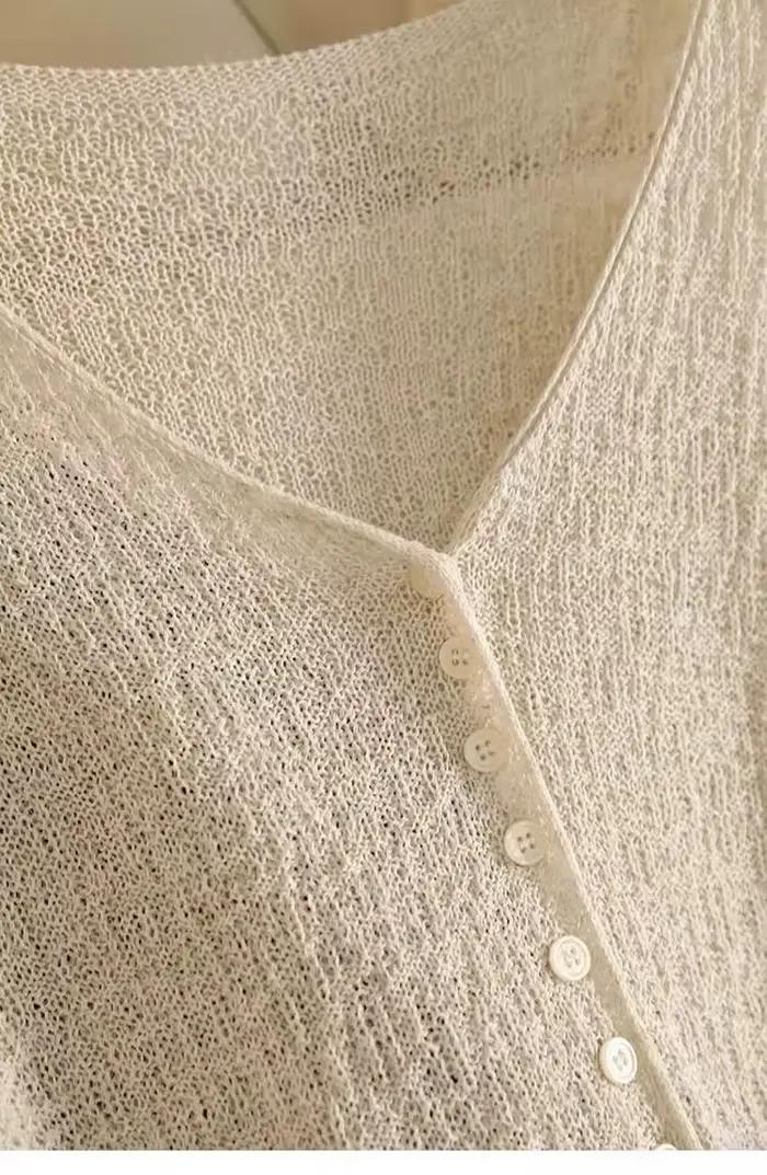 Cardigan léger en maille pour femmes, vêtements ajourés à manches longues, coloris unis, col en V, style décontracté pour printemps été