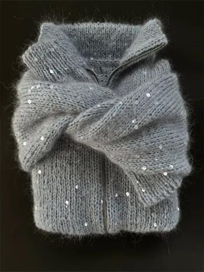 Paillettes tricot femmes pull élégant col montant Y2k manches longues chandails dame 2025 nouveau automne hiver femme veste tricots