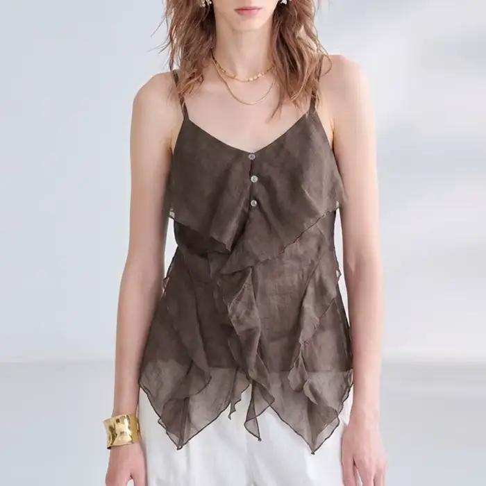 Débardeur Chic 100% Ramie pour Femme avec Volants Asymétriques – Style Décontracté Français