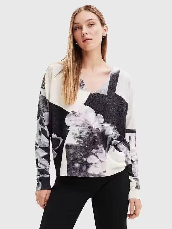 Nouveau pull tricoté asymétrique à col rond imprimé espagnol pour une commande originale d'exportation