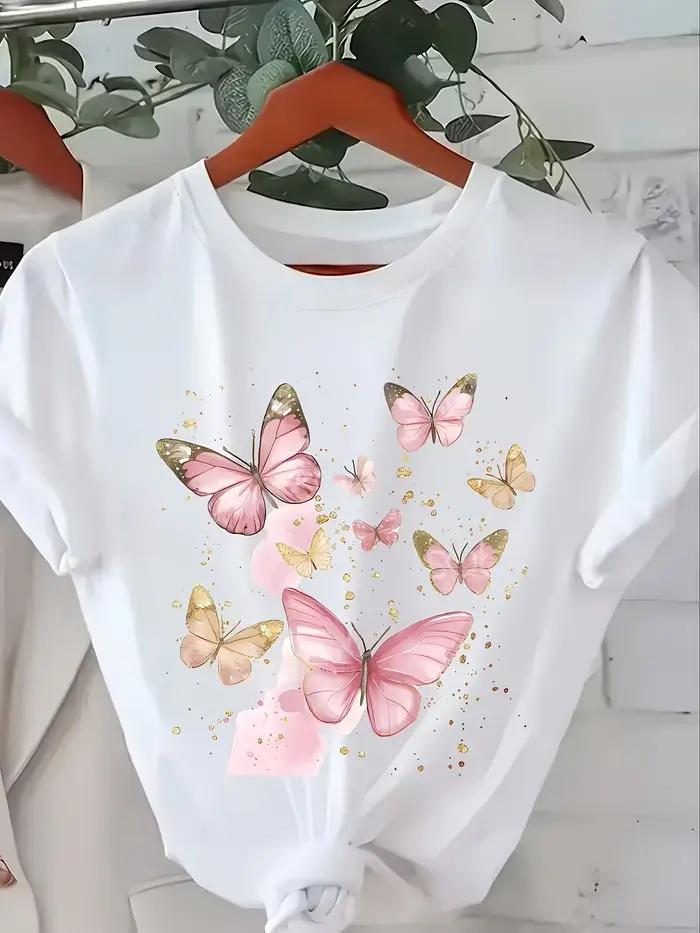 T-shirt imprimé papillon à manches courtes pour femme, décontracté, polyester, idéal pour l'été, loisirs, voyages, vie quotidienne, fêtes et clubs