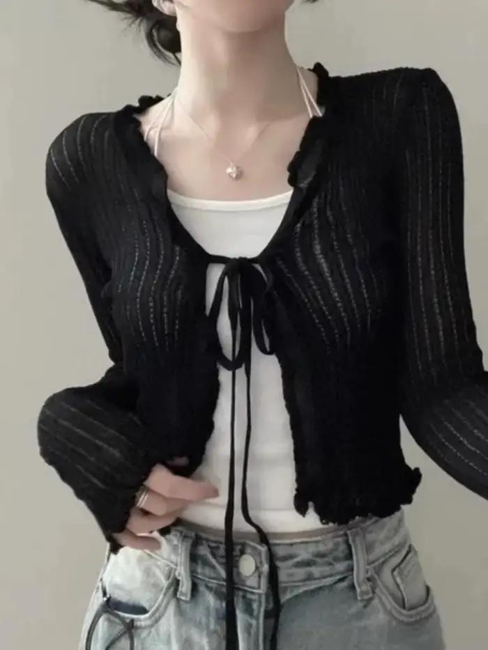 Haut court féerique garnitures à volants nouage devant polyester pour femmes printemps été tenue Y2K junior
