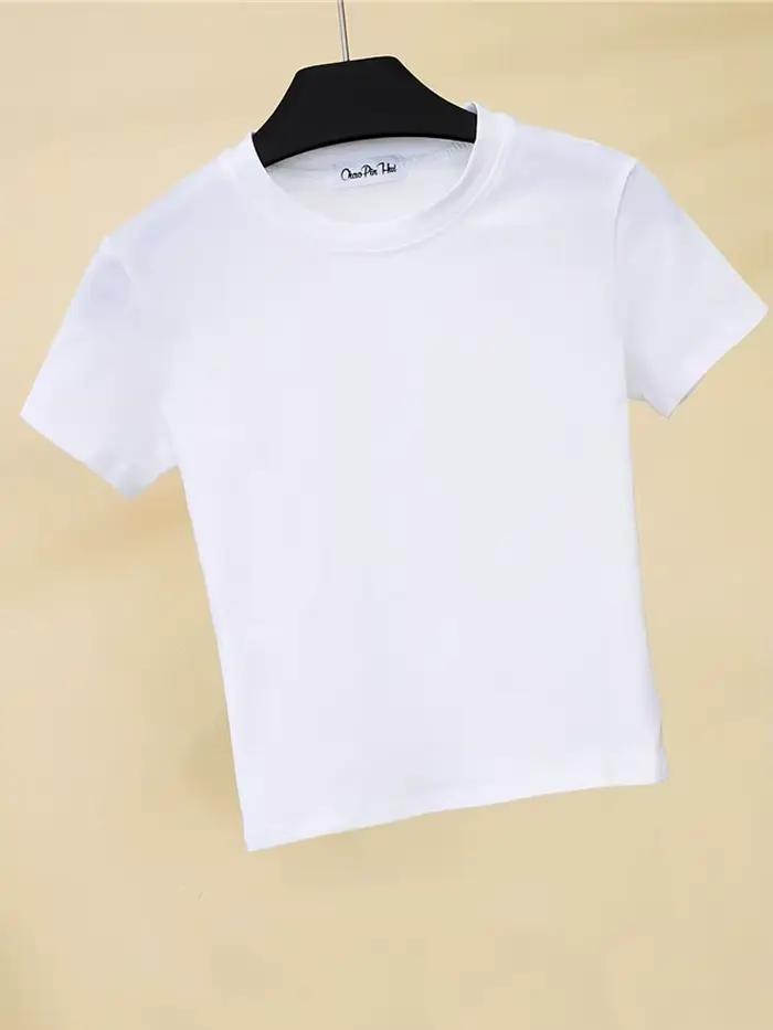 Vert haut court T-Shirt Femme solide coton col rond manches courtes T-shirts pour femmes taille haute mince
