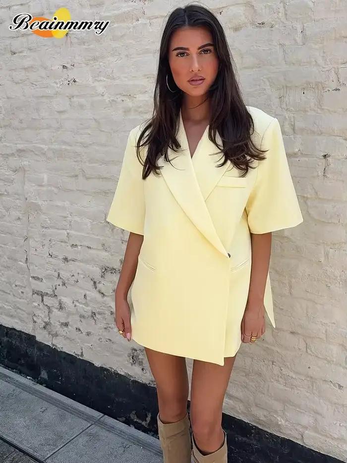Beurre jaune recadrée Blazers manteaux femmes mode revers ample demi manches veste été bureau dame trajet Streetwear 2025