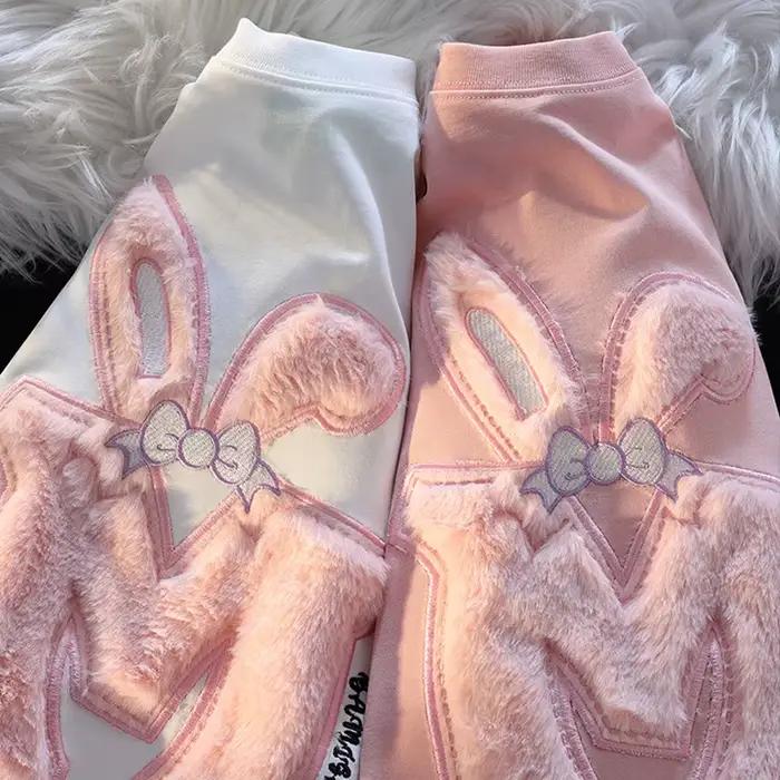 Coton flocage lapin oreille à manches courtes T-shirt femmes nouvel été polyvalent haut rose mignon flocqué