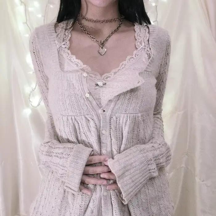 Coquette Grunge Y2K 00s Vintage pull simple boutonnage à manches longues Cardigan 00s esthétique Kawaii tricots T-shirt femmes vêtements