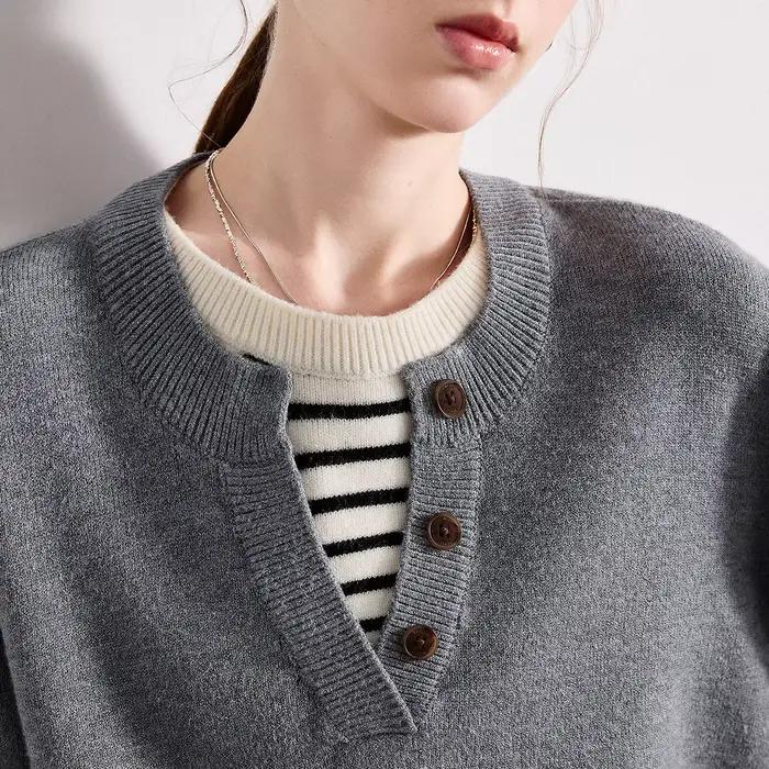 TOYOUTH femmes fil plissé tricots 2026 printemps nouveau Patchwork deux pièces Illusion couleur-bloc hauts intellectuels