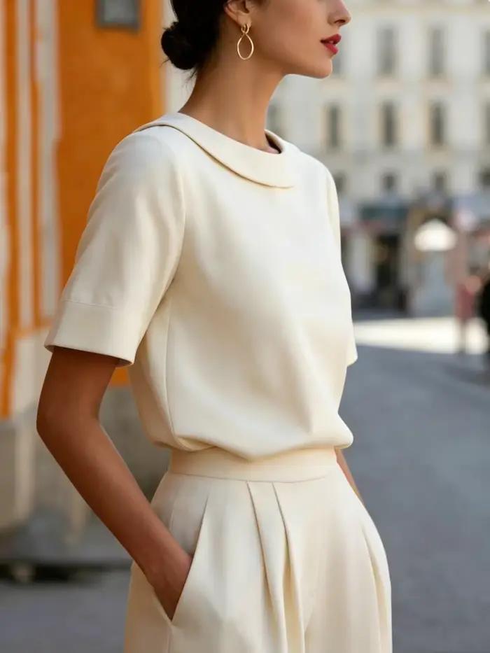 Chemise élégante à manches courtes avec col arrondi et coupe structurée pour femmes